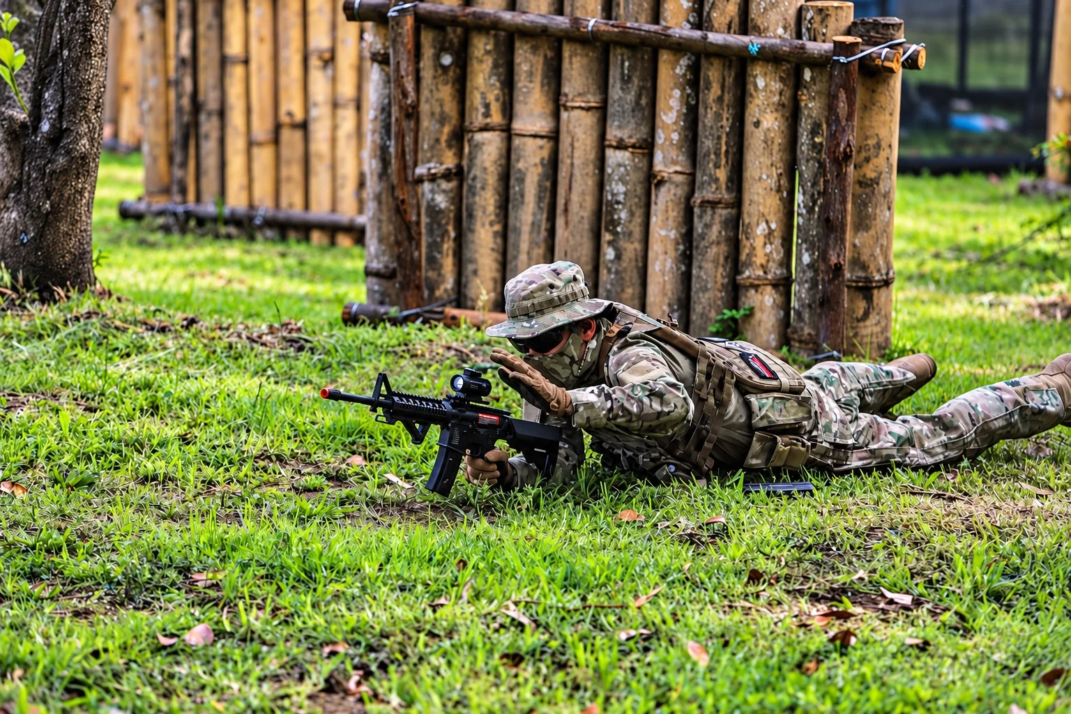 Jugador de airsoft en posición tendida